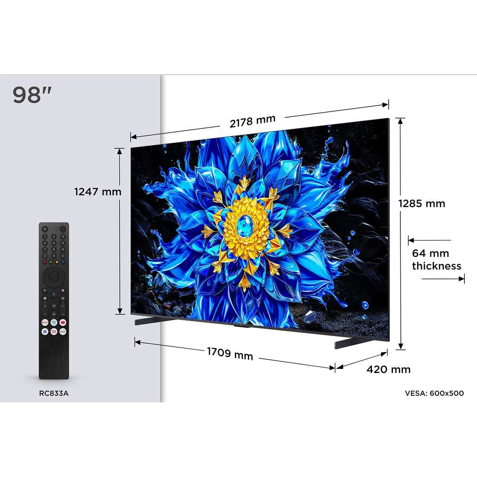 TCL 98P8L TV 98" QD-Mini LED 4K HDR 144Hz Nero ```